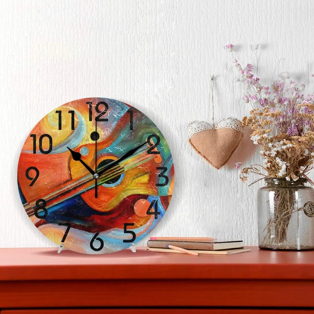 Chic Abstract Painting Music and Rhythm Print Round Wall Clock Decorative, 9.5 Inch Battery Operated Quartz Analog Quiet