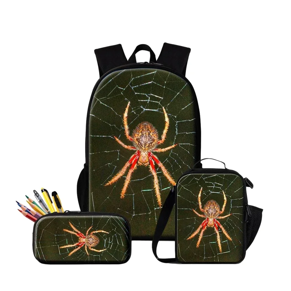 Aranha Insect Printing Backpack Set, Lunchbox Pencil Case para Estudantes, Saco de Escola Infantil, Mochilas Mochila para Menino Adolescentes, 3 Pcs