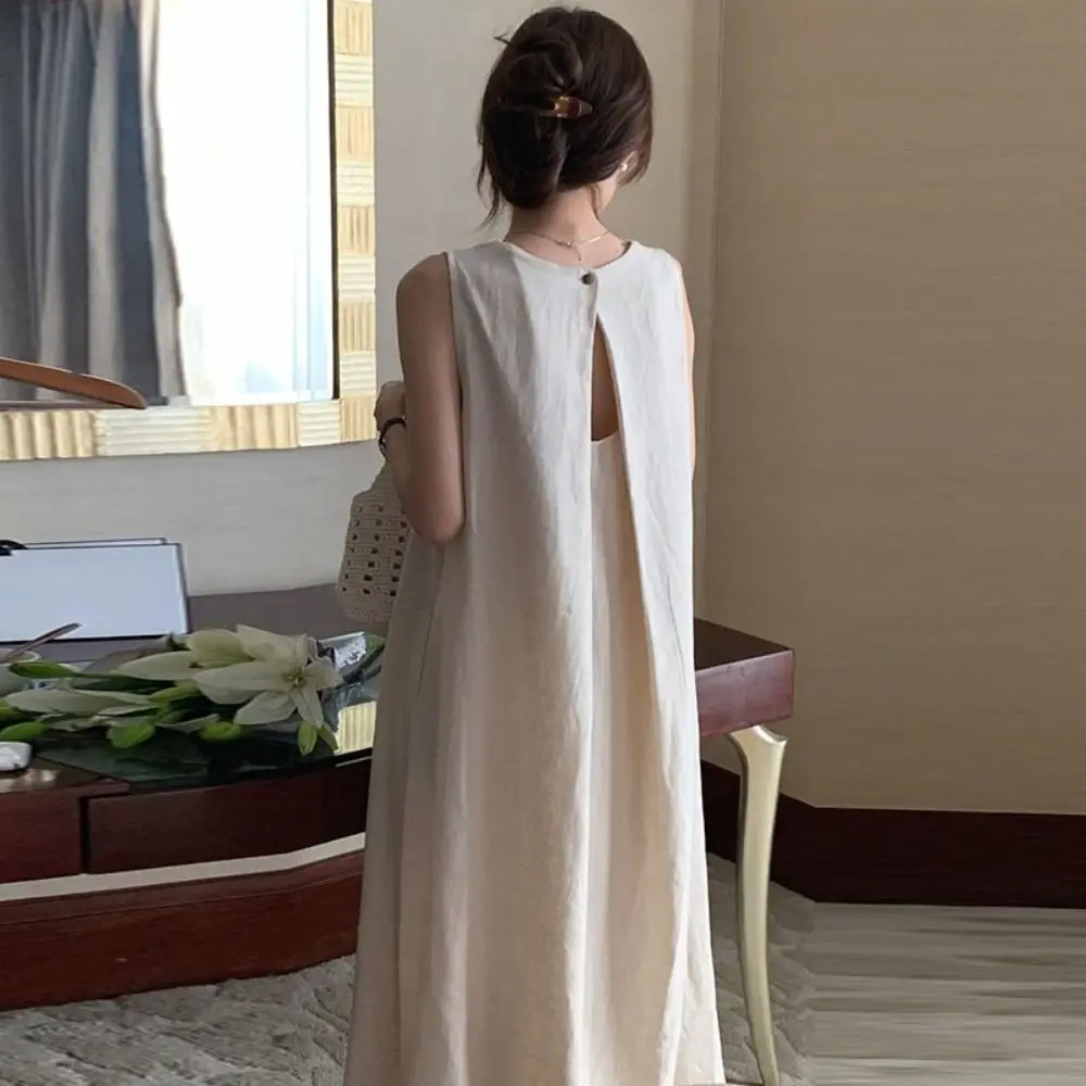 Fashion Solid Summer Sleeveless Dress Hollowed Out Simple Vocation Vest Dresses Beachwear Round Neck Open Back Long Dress Teens