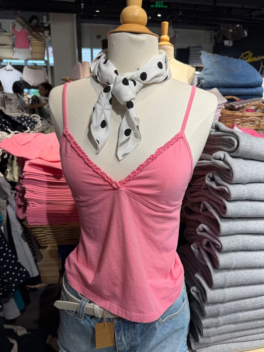 Ruffles Pink Slim Camisole Woman Summer Sexy Deep V-neck Cotton Tank Tops Female Casual Preppy Style Sweet Cute Crop Top New