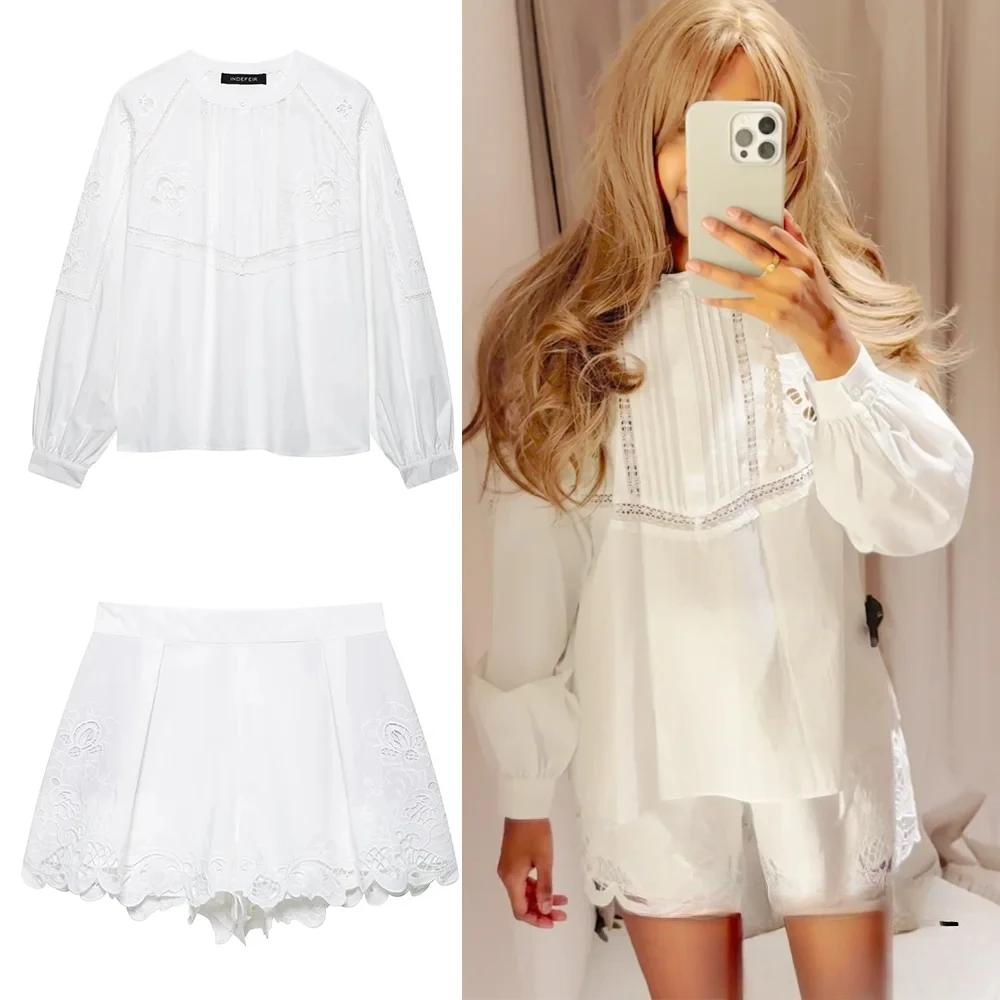 

KONDALA женский милый белый вышитый круглый вырез свободная рубашка или кружевные шорты комплект новинка 2025 весна-лето модный праздничный комплект для вечеринок