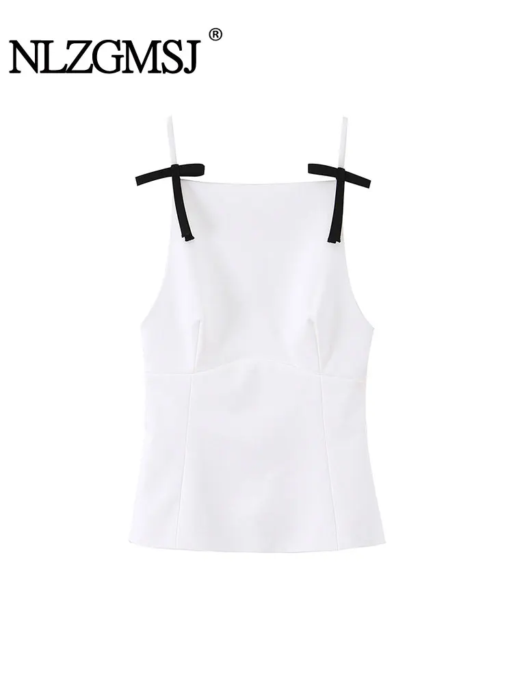 

NLZGMSJ женские майки 2026, весенние без рукавов с бантом на бретелях, тонкий укороченный топ с квадратным воротником, женские короткие майки Y2K