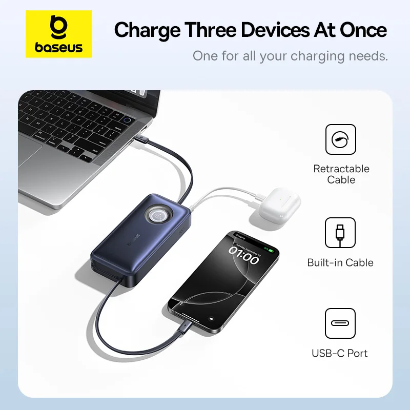 베이스어스 100W 20000mAh 파워뱅크 내장형 리트랙터블 USB-C 케이블 PD 외장 배터리 파워뱅크 맥북 프로 아이폰 17 삼성용