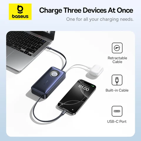 Baseus 100 Вт 20000 мАч Power Bank Встроенный выдвижной кабель USB-C PD Внешний аккумулятор PowerBank для MacBook Pro iPhone 17 Samsung