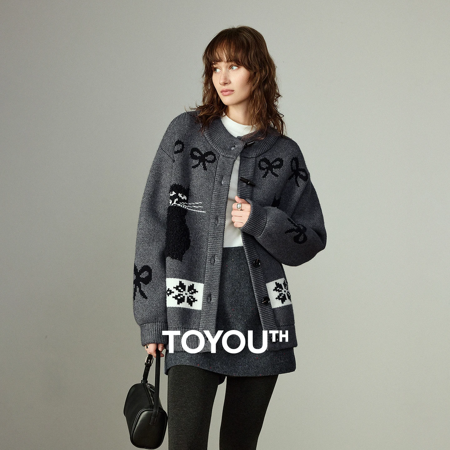 

TOYOUTH Women Sweater Jackets 2025 Winter New Cartoon Cat Jacquard Retro Horn Button Cardigans
