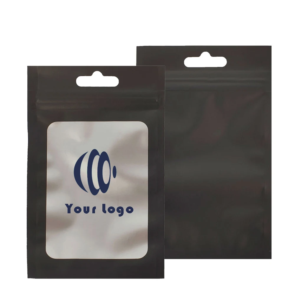 

Custom Logo Printed Ziplock Mylar Pouch, Front Window Matte Black Reclosable Products Packaging Aluminum Foil Bags