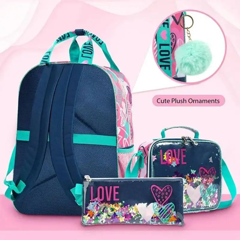 Conjunto de mochilas escolares para niñas con patrón de corazón, Maleta de viaje para niños, bolsa de almuerzo, estuche para lápices, mochila escolar de gran capacidad