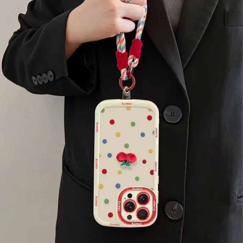 

Cream shell painted cherry doll with colorful polka dot phone case with hanging rope For iPhone 11 12 13 14 15 16 pro max