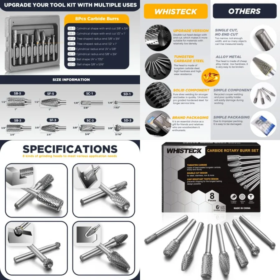 

Carbide Burr Set, 8Pcs Double Cut Tungsten Carbide Rotary Burr set, 1/4 inch Shank Die Grinder Bits, Carbide Rotary File for Me