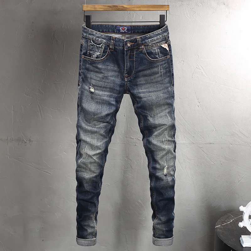 

Street Fashion Men's Laundry Blue Jeans Embroidered Elastic Slimming Ripple Scratched Jeans Men's Designer Hip Hop Italian Cowbo