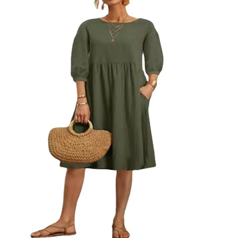 Women's Cotton-linen Dress Solid Color Lantern Sleeve Loose Fit Summer Casual Dress For Women