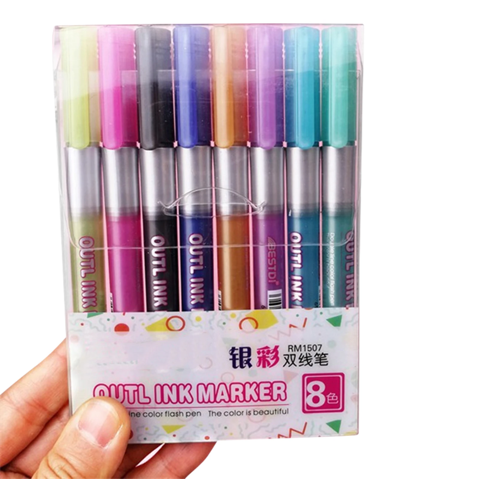 하이라이트 마커 펜, 이중 선 윤곽 펜, 8 색 셀프 윤곽 반짝이 쓰기 드로잉 펜, 카드용