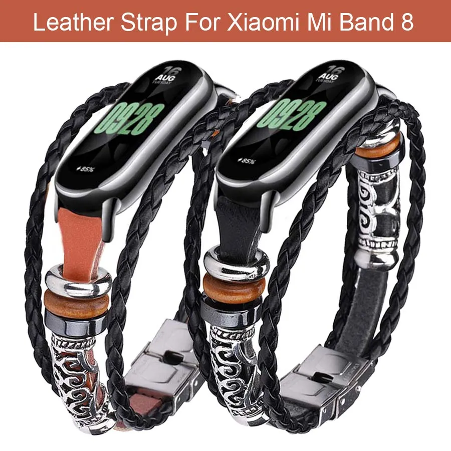 Leather Strap For Xiaomi Mi Band 9 Smart Watch Band For Mi Band 8 Bracelet Retro Beading Wristband Correa For Miband 9 NFC Strap