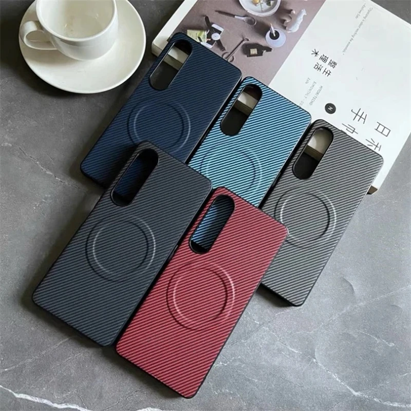 Matte Carbon Fiber Pattern Leather Magsafe Case For Sony Xperia 1 VII VI 1 10 V 1VII 1VI Skin Striped Armor Back Cover Shell