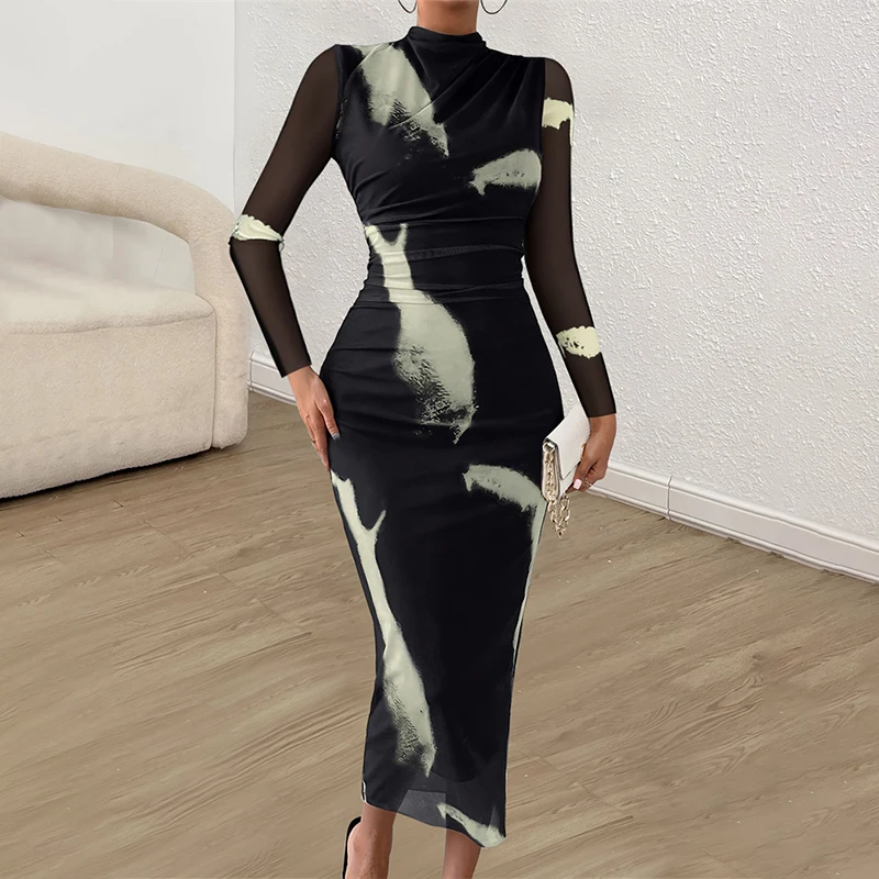 Y.KUKU New Brand Women Dresses Long Sleeve Printing Sexy Elegant Midi Bodycon Dress Skinny Slim Pencil Party Dresses Vestidos