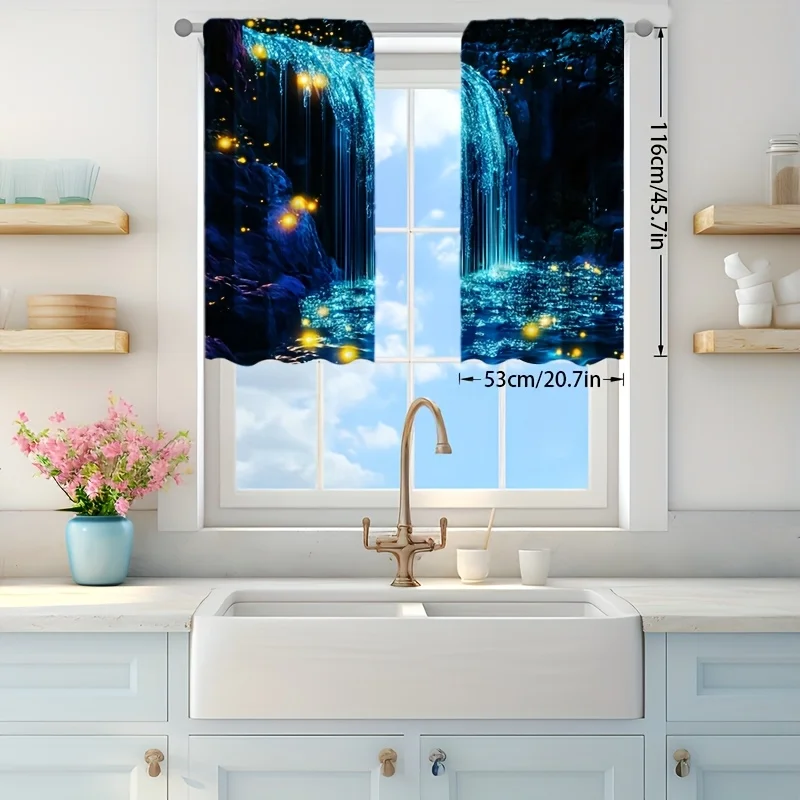 2PCS Sparkling Blue Waterfall & Firefly Curtains – Romantic Sheer for Bedroom Living Room Decor