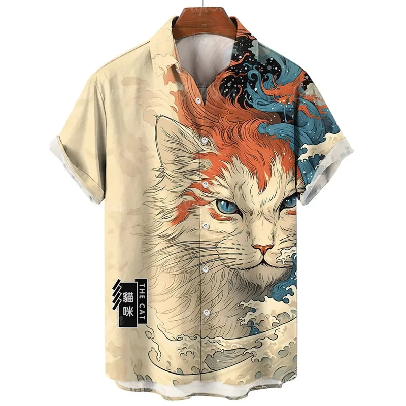 Camisa hawaiana de manga corta para hombre, ropa de calle de gran tamaño con estampado de gato 3D artístico, estilo informal para vacaciones, novedad de verano