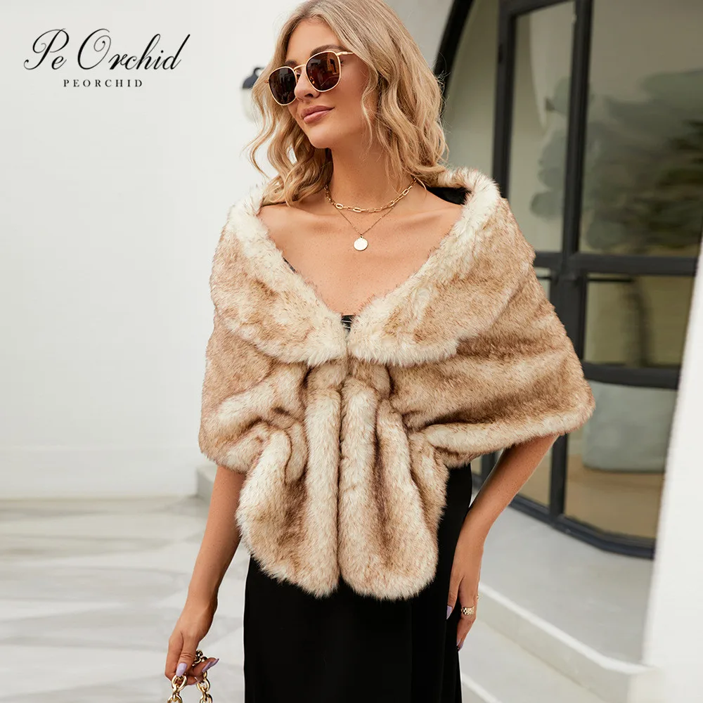 PEORCHID Chic Brown Faux Fur Bridal Wrap Winter Wedding Fur Shrug  For Brides Bridesmaids Cape Wedding Guests Bolero Jacket