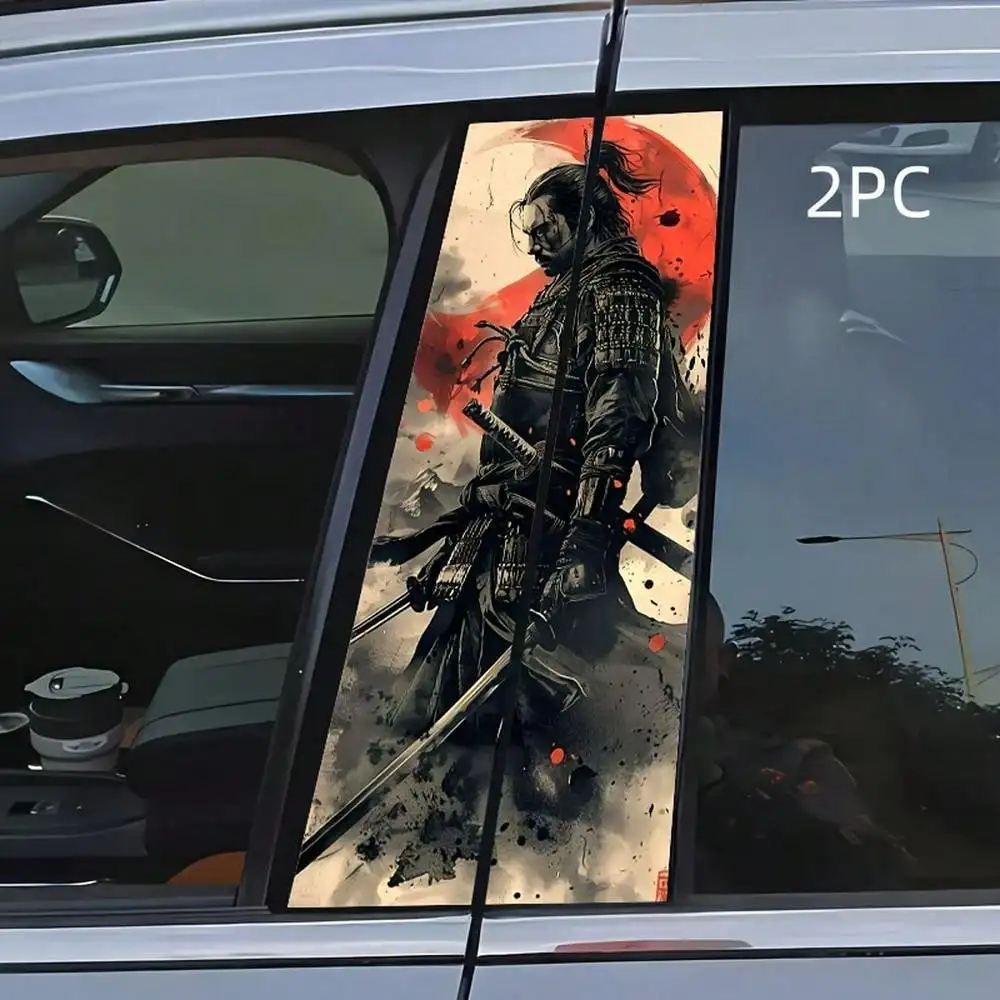 

2-Pack Vinyl Car B-Pillar Stickers, Cartoon Samurai Sword Print, Self-Adhesive, Glitter Accents, Reusable, High-Gloss Finish, For Car Decoration Car Decals