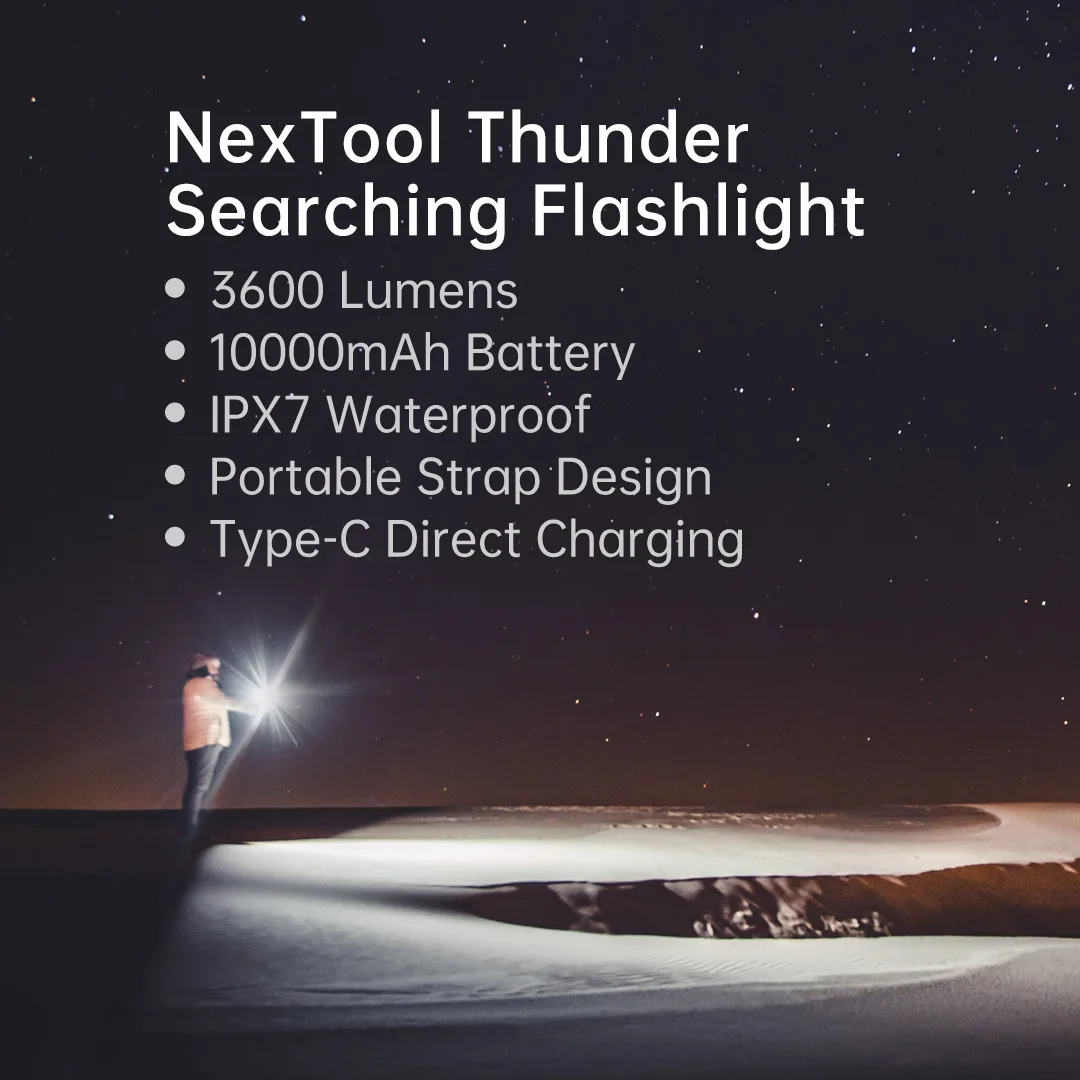 Nextool Outdoor 10000mAh Rechargeable Flashlight 3600lm 450m 5 Modes IPX7 Waterproof LED Light Camping Portable Emergency Torch