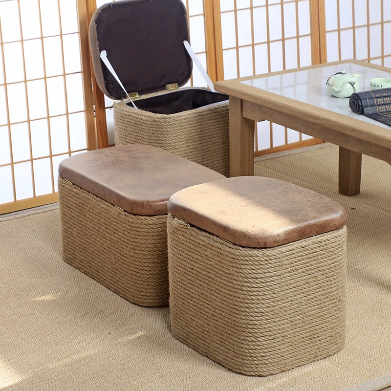 Rope Weave Stool with Storage Natural Fiber Ottoman Bench for Entryway Multi-Functional Sofa Seat Handwoven Long Bench for Home