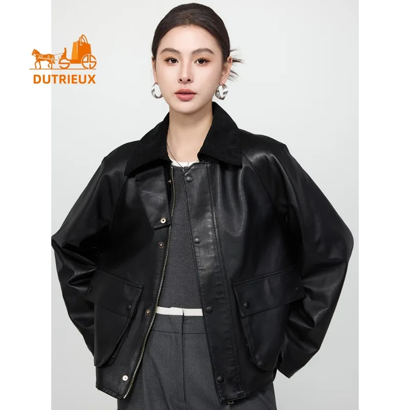 ファッションエレガントな秋冬の豪華な襟付き本革ジャケット女性用、100％本物の羊革、女性用のゆったりとしたカジュアルコート