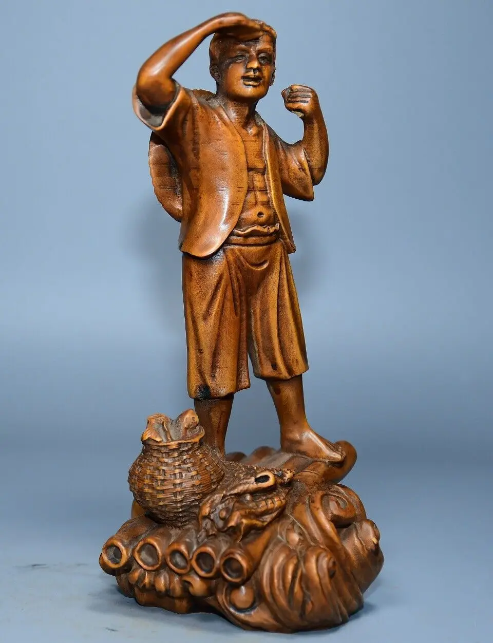 Chinese Antique Wooden Old Fisherman Statue Carved Boxwood Figures Sculpture Art