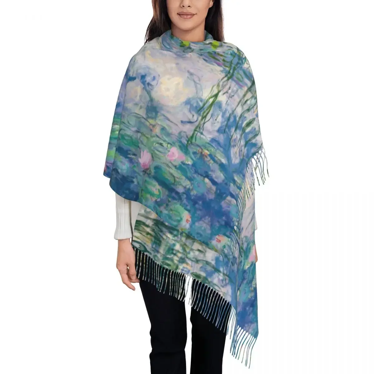 Female Long Water Lilies Claude Fine Art Scarves Women Winter Fall Thick Warm Tassel Shawl Wraps French Painter  Scarf