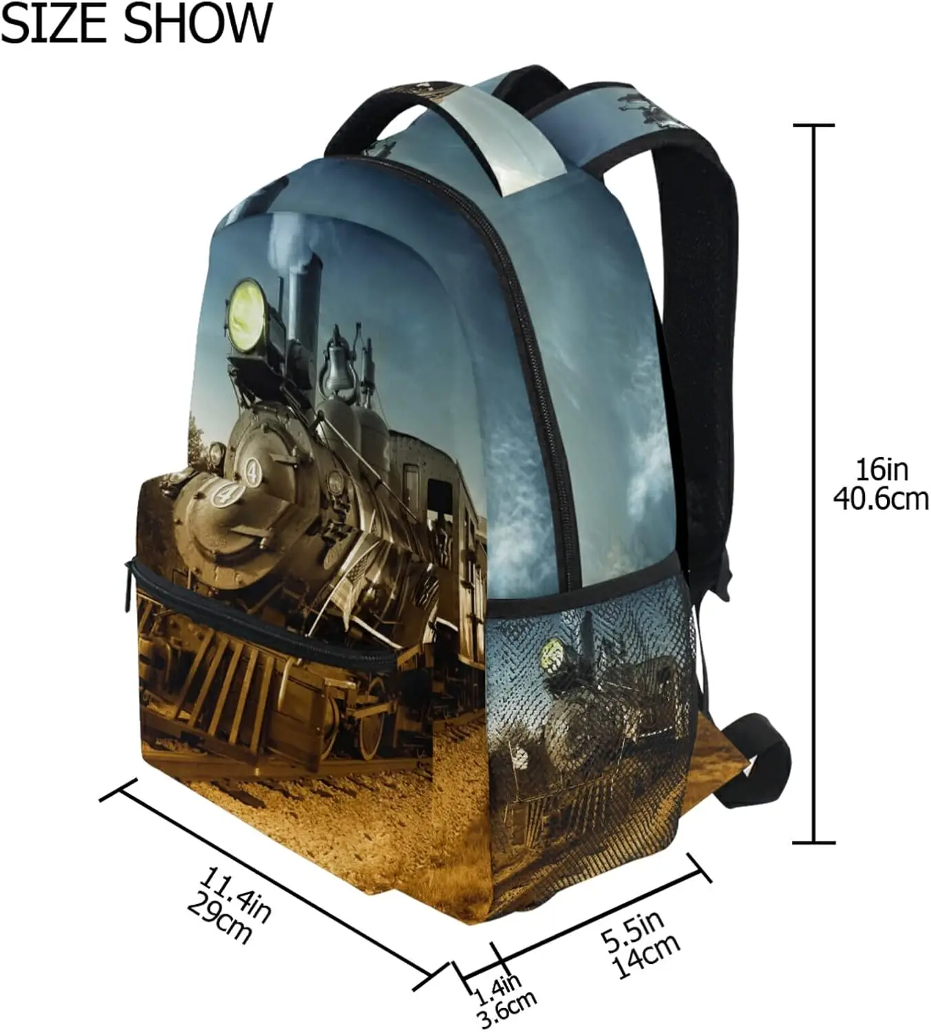 ヴィンテージエンジントレインスクールバックパック子供男の子用、クールトレインラップトップバックパック学生カレッジスクールバッグブックバッグ