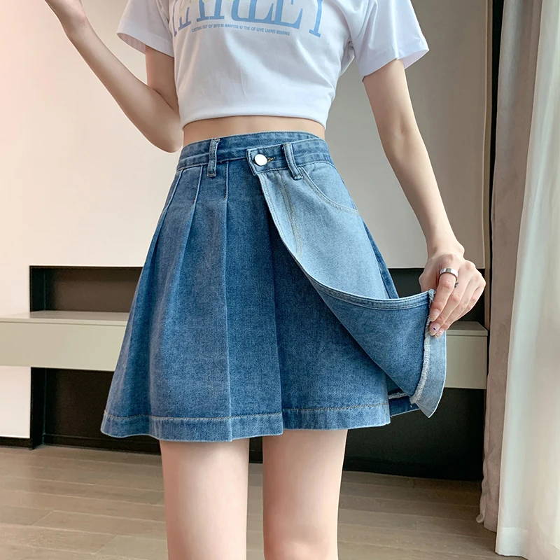 

Джинсовая юбка-шорты с высокой талией и разрезом, женская летняя юбка-брюки больших размеров, утягивающая, с защитой от просвечивания, А-силуэт, плиссированная, средней длины