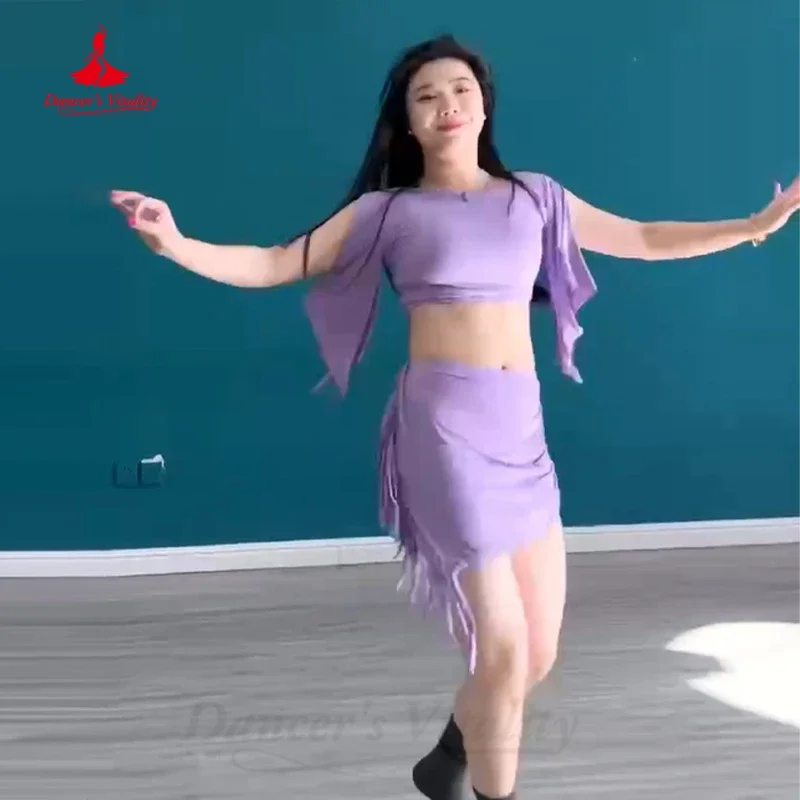 Ropa de práctica de danza del vientre para mujer, Top de manga corta Modal + falda, traje de danza Oriental femenina, conjunto de danza del vientre para niña, 2 uds.
