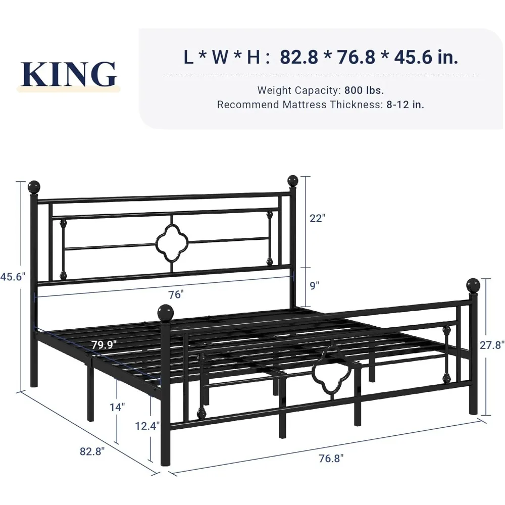 King Size Metal Platform Bed Frame with Victorian Vintage Headboard and Footboard/Mattress Foundation/Under Bed Storage/No Box