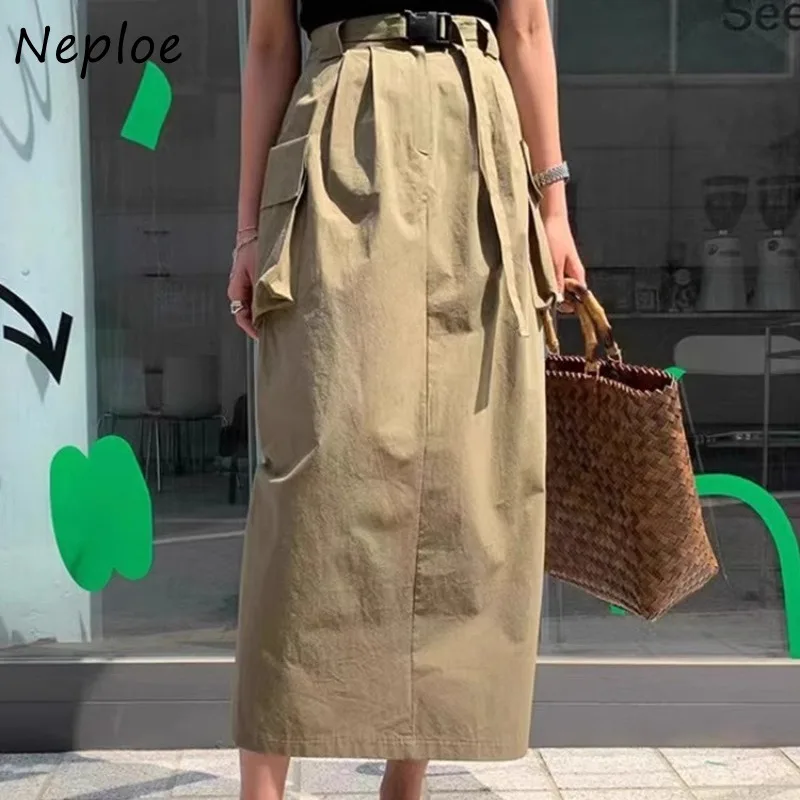 Neploe Fashion Vintage Big Pocket Skirts 2024 Spring New High Waist Lace Up Skirts Y2k Mid-length A-line Split Faldas Mujer