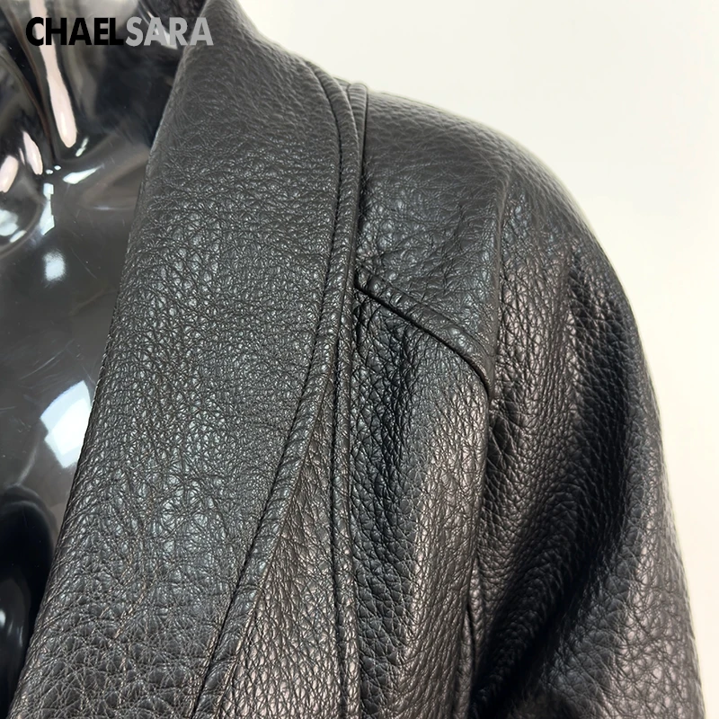 Women's Faux Leather Jacket Coat with Belt - Vintage V-Neck