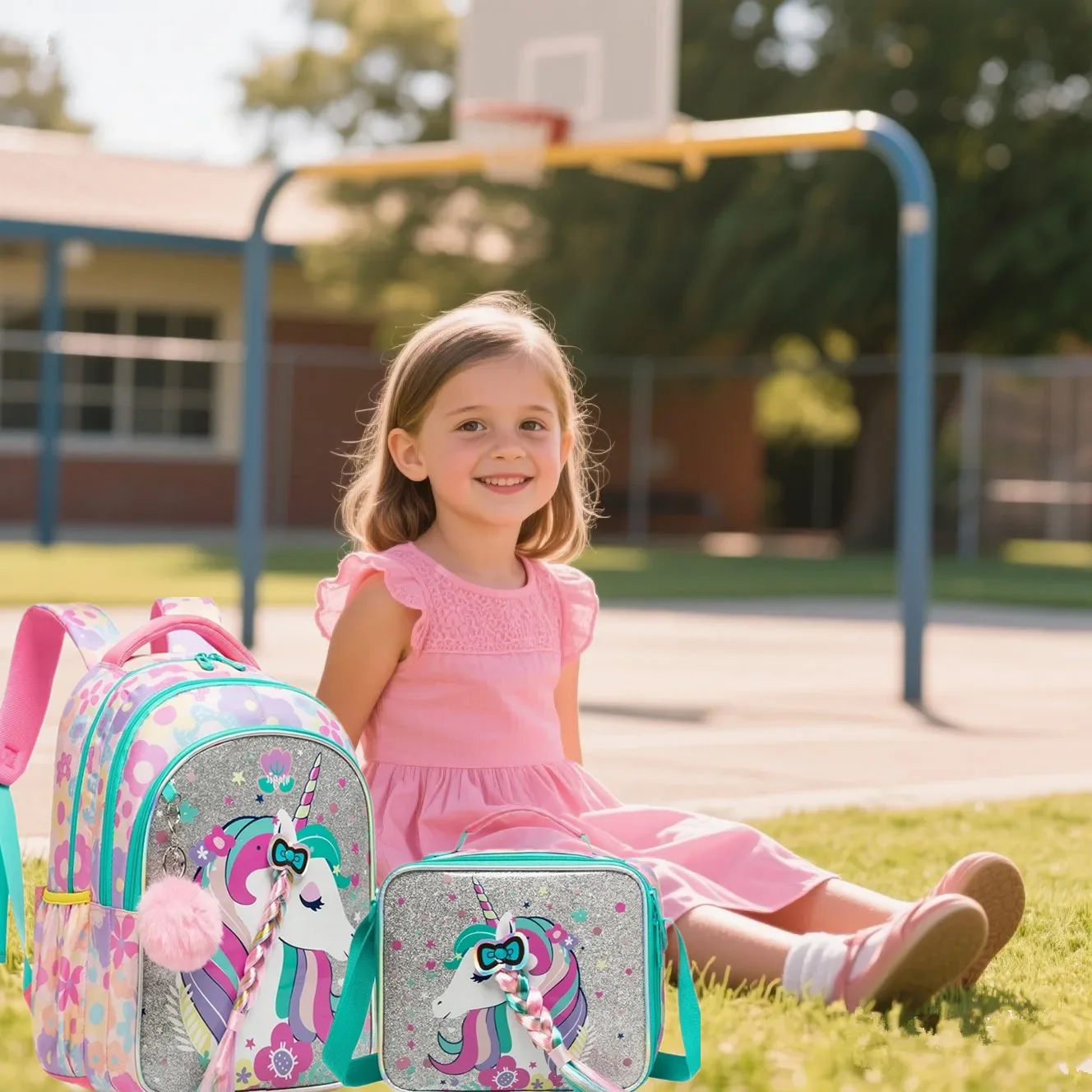 3PCS Girls School Backpack Set with Lunch Bag Cute Elementary Bookbag Combo for Kids Lightweight Durable Back To School Gift