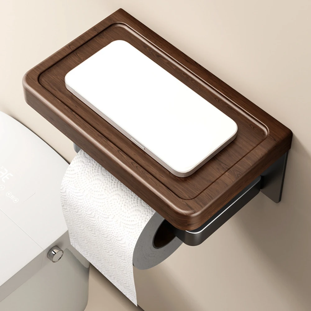 Rust Resistant Roll Holder Walnut Toilet Paper Holder Solid Walnut Wood Construction Carbon Steel Hardware Bathroom Shelf