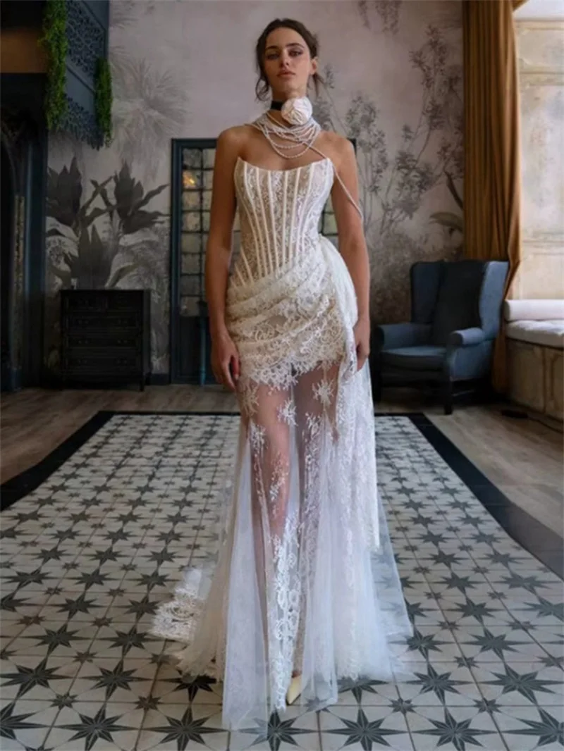 

White Lace Wedding Dress Sexy Corset Strapless Sleeveless Tie Up Back Sheath Party Bridal Gown Autumn Formal Guest Birthday Robe