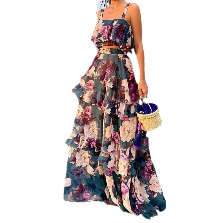 Women's Two Piece Outfits Floral Print Ruffle Crop Cami Tops + High Waist Tiered Maxi Skirt Ladies Summer Beach Clothes Sets view 5