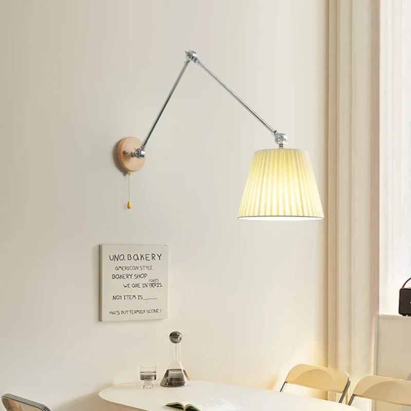 

Dining Table Wall Lamps Solid Wood Fabric Lamp Modern Bedroom Bedside Living Room Rocker Arm Read Wall Lights