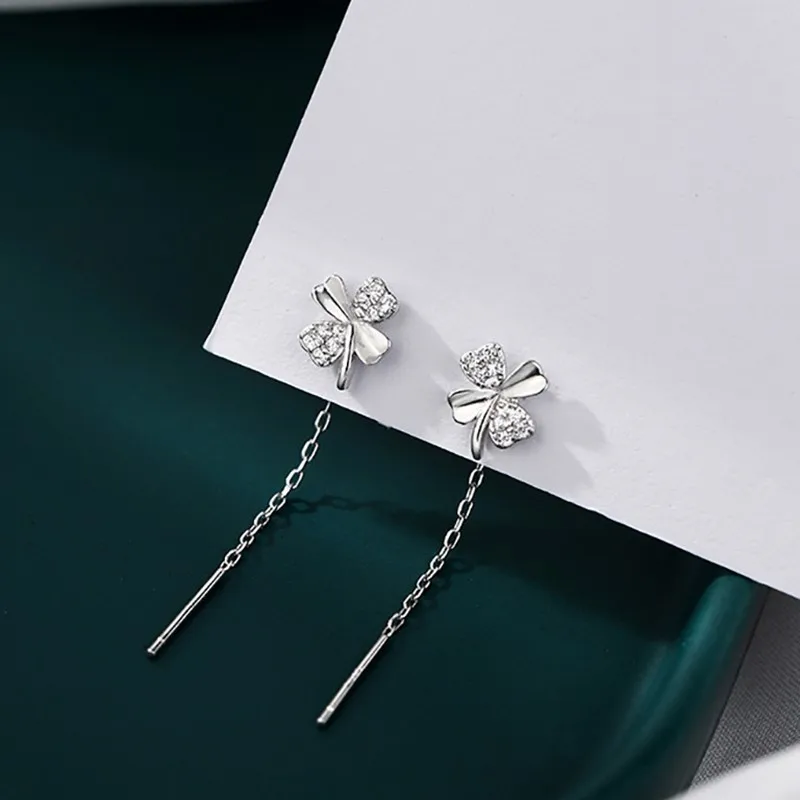 Elegant Pave CZ Lucky Four Leaf Clover Chain Tassel Threader Earrings for Women Girl