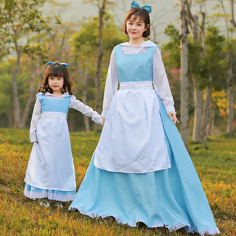 Sky Blue Kids Girls Fairy Tales Lolita Dress Women Parent-child Princess Maid Halloween Costume Party Stage Drama Outfit