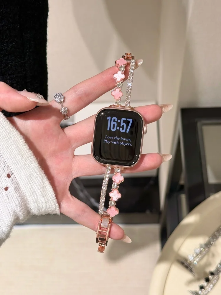 Four Leave Flower Diamond Metal Bracelet for Apple Watch Band 38/40/41 42/44/45/49 S10/11 42/46mm Lady Strap for iWatch 9 8 7 6