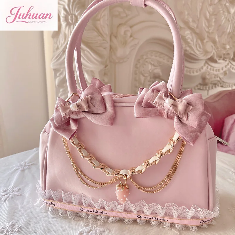 

Kawaii Japanese Handmadel Pink Handbag Women Lolita Bow Lace Strawberry Chain Handbag Plush Cosmetic Bag Hair Accessories Girl