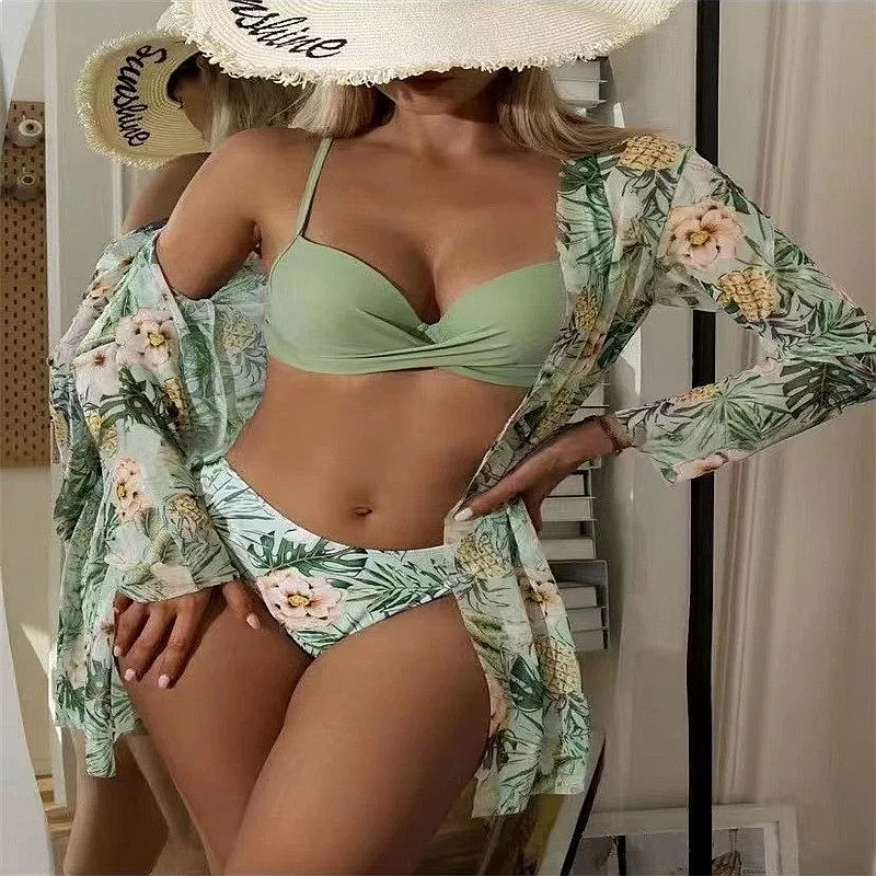 

2026 Long Sleeve Three Piece Cover Up Padded Sexy Bikini Set Ladies Seaside Pool Vacation Bulk Wholesale Swimwear