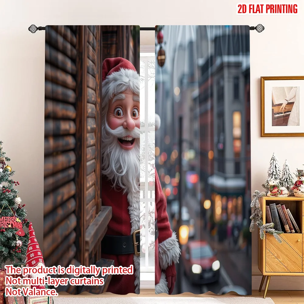 

2pcs 2D flat printing Merry Christmas Drapes Santa peeking through blinds Fabric Without Electricity Holiday Decorations Use for