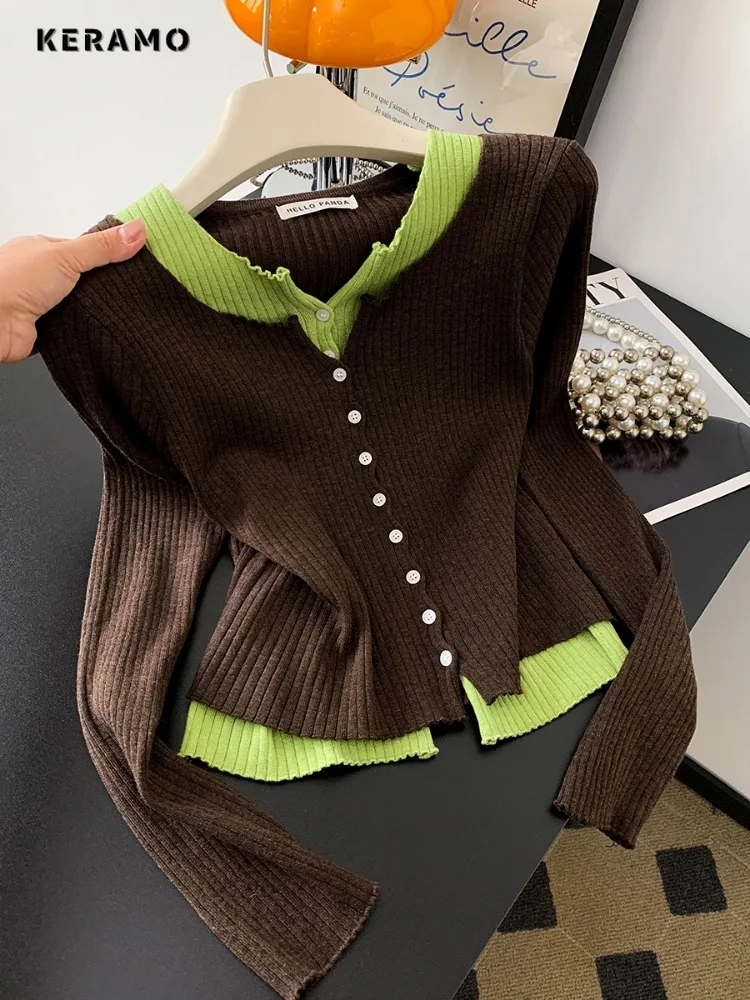 

Женские винтажные сексуальные лоскутные вязаные пуловеры с длинными рукавами, зима 2025 года, повседневный женский тонкий свитер с v-образным вырезом, модный топ