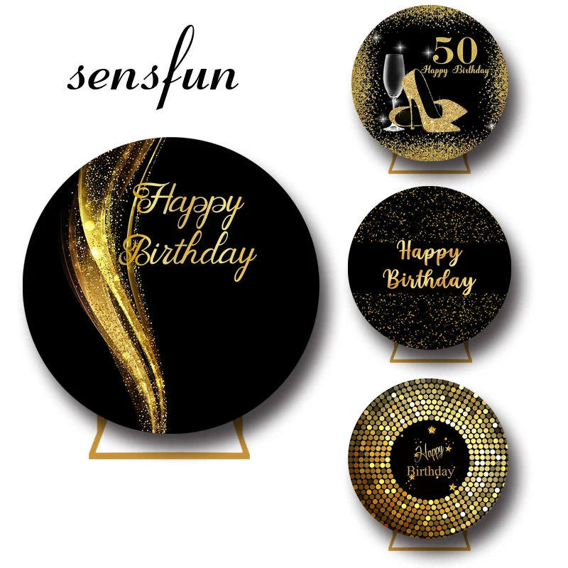 Круглый фон для дня рождения для взрослых, черный и золотой стиль, блестящий боке для мужчин и женщин, круглый фон, эластичный индивидуальный заказ