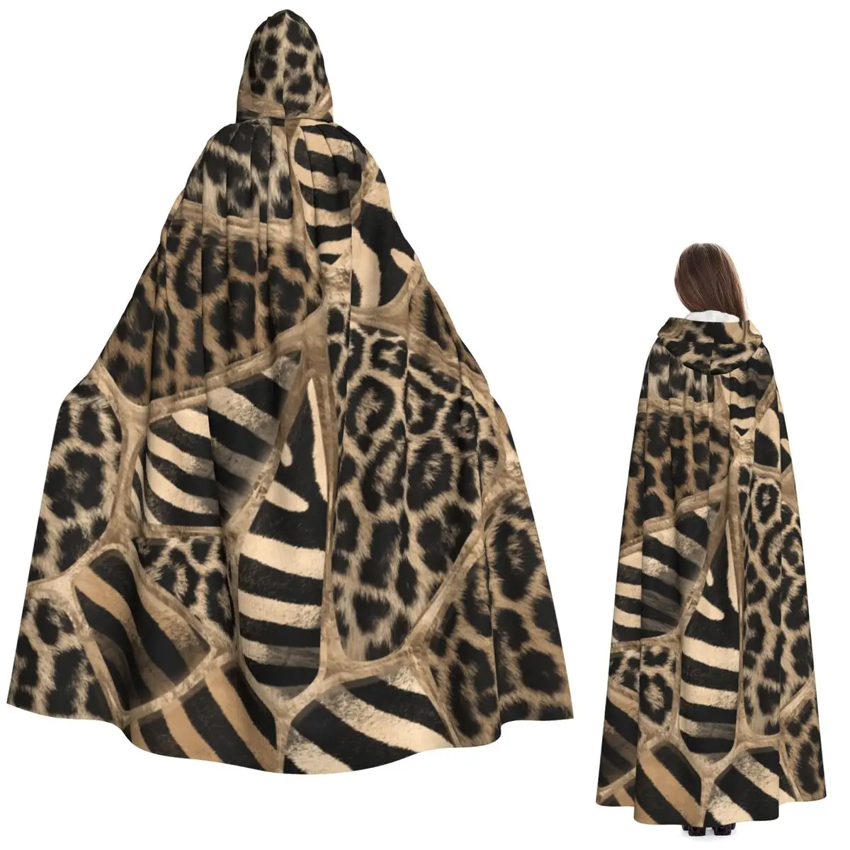 

Animal Print - Leopard And Zebra Long Hooded Cloak Witch Medieval Costume Cosplay Cape HalloweenCoat Adult Unisex