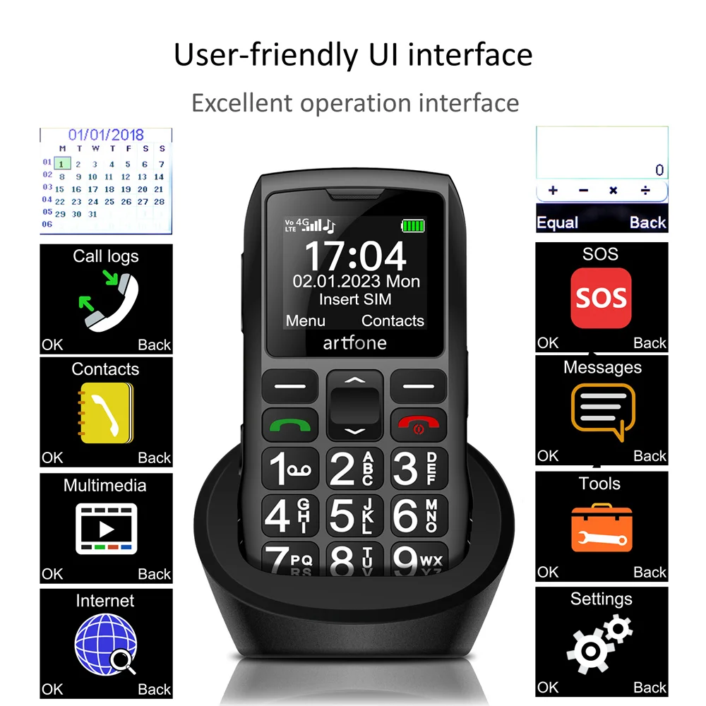 LTE 4G Senior Mobile Phone Artfone C1+ With Charging Dock Big Keypad For Elderly Single Sim One Key SOS FM 1400mAh Bar CellPhone