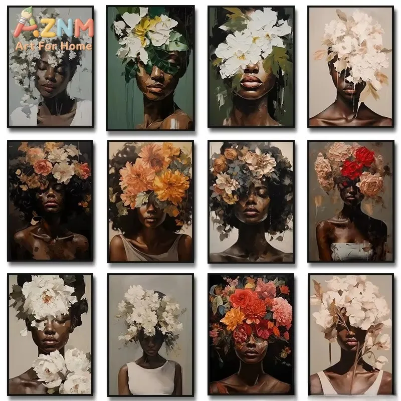 Black Woman with Blossom Peony Rose Lily Flower Wall Art Canvas Painting Modern Posters Prints Wall Picture Living Room Decor